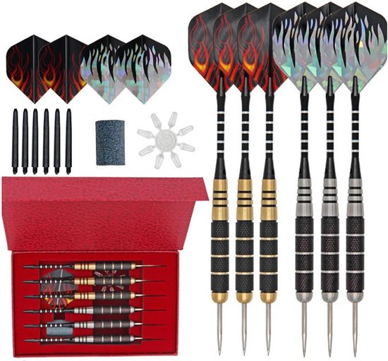 Foto: Atleetium darts 6 delige set dartpijlen voor beginners en hobby 25 gram vuur vlammen patroon