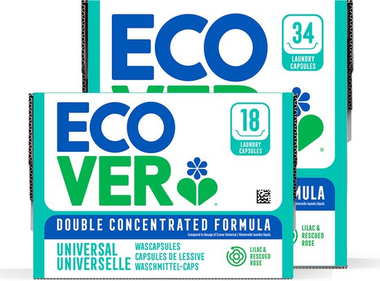 Ecover Capsules de Lavage Value Pack - 18 + 34 pièces - 52 lavages - Formule concentrée - Pour linge coloré - Parfum Lilas & Rose