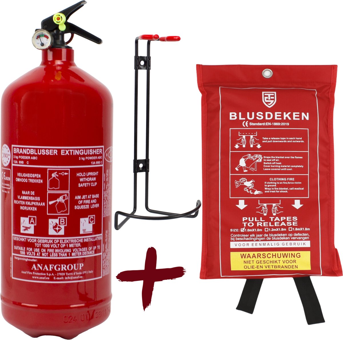 Brandblus set ABC – brandblusser 3 kg en blusdeken 100 x 100 cm – Met wandhouder en ophangoog - Ook voor bedrijf, kantoor, boot of camper – Poederblusser en branddeken