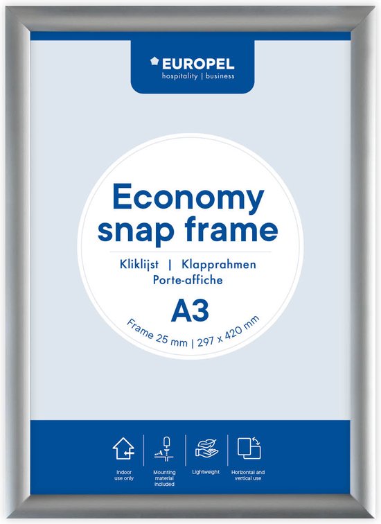 Europel Economy Kliklijst – Posterlijst – A3 – 42 x 29,7 cm – 25mm – Aluminium – Zilver