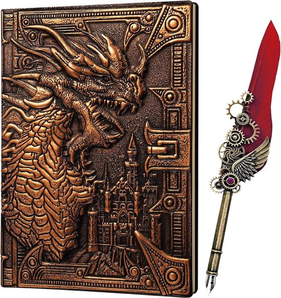 Bronzen notitieboek met draken- en kasteelreliëf naast een decoratieve veerpen met tandwielen.