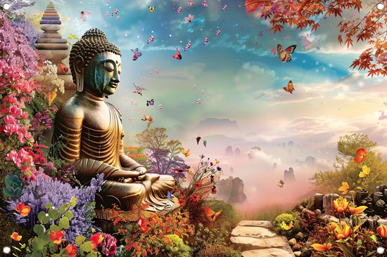 Boeddha poster - Spiritualiteit poster - Tuinposters Bloemen - Schutting decoratie - Schutting poster - Tuin decoratie tuinposter 150x100 cm