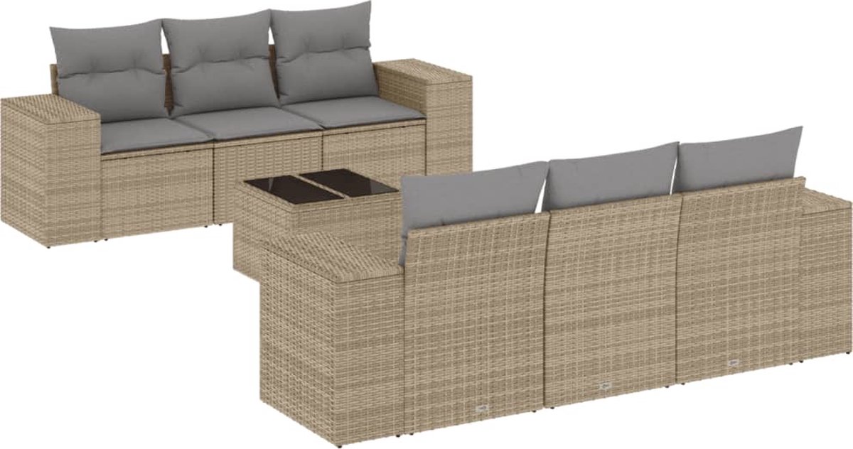 vidaXL 7-delige - Loungeset - met - kussens - poly - rattan - beige