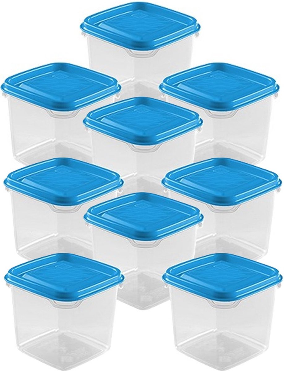 Hega Hogar Vershoudbakjes - set 9x stuks - 0.3 liter - transparant/blauw - L8 x B8 x H11 cm - Mealprep - Maaltijden bewaren