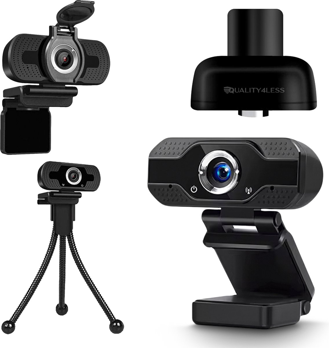 Quality4Less™ - Webcam voor PC - Full HD - Incl. statief en webcam cover - Plug & Play - 2024 Verbeterd model