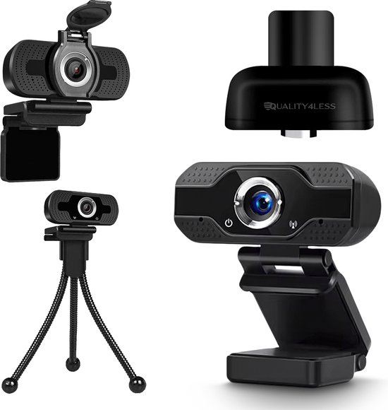 Quality4Less™ - Webcam Full HD Pro - Ruisvrije Microfoon - Incl. Statief en Webcam cover - Plug & Play - Voor PC en laptop - 2024 Verbeterd Model
