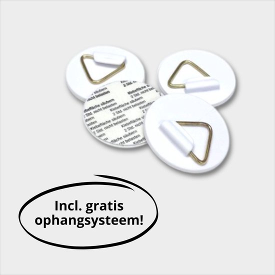 Vier witte ronde ophanghaakjes met gouden haak en plakstrip. Inclusief gratis ophangsysteem.