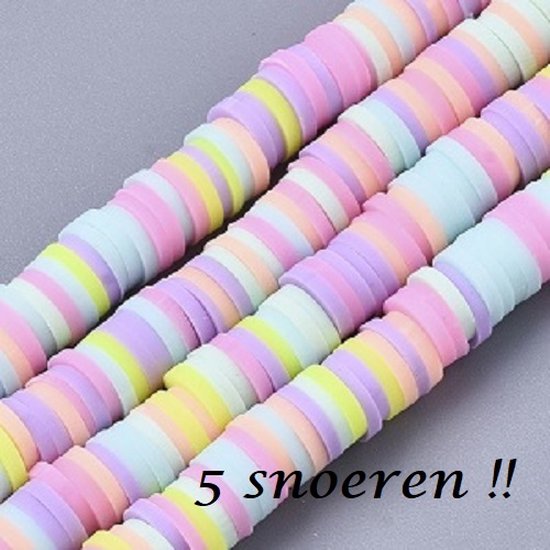 Polymeer klei plat-ronde heishi kralen, 6x1mm, pastelkleuren. Verkocht per 5 snoeren van ca. 45cm!! Rijggat 1,6mm.