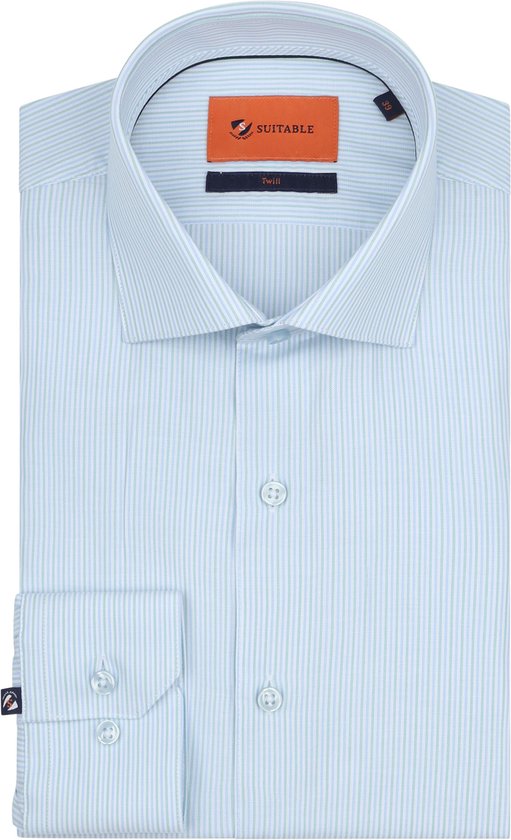 Suitable - Overhemd Twill Streep Lichtblauw - Heren - Maat 42 - Slim-fit