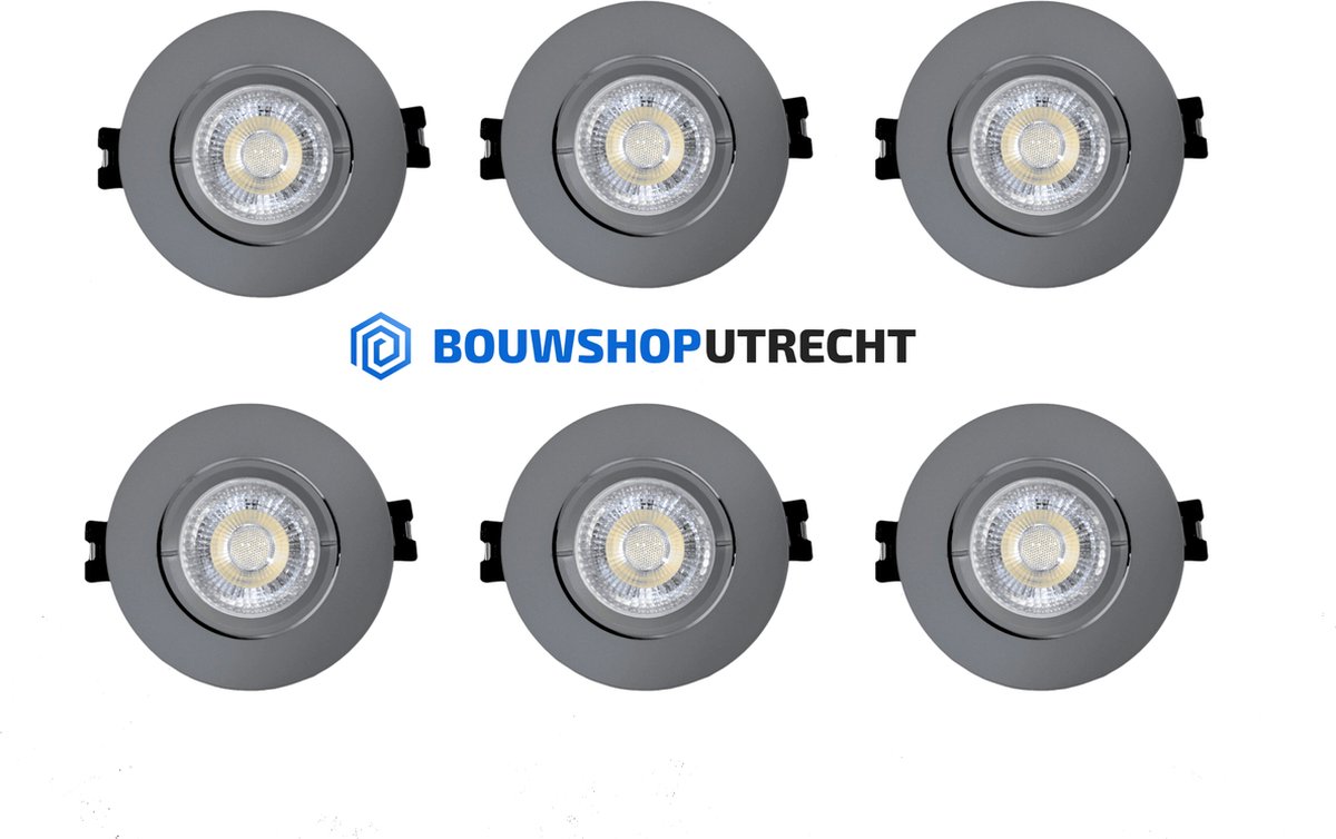 Bouwshop Utrecht - Dimbare Inbouwspot Grijs - 6 stuks - Kantelbaar - Diepe Behuizing - 4000K - IP20 voor binnen - Vervangbare B6 SMD LED-module lichtbron - 6 Watt