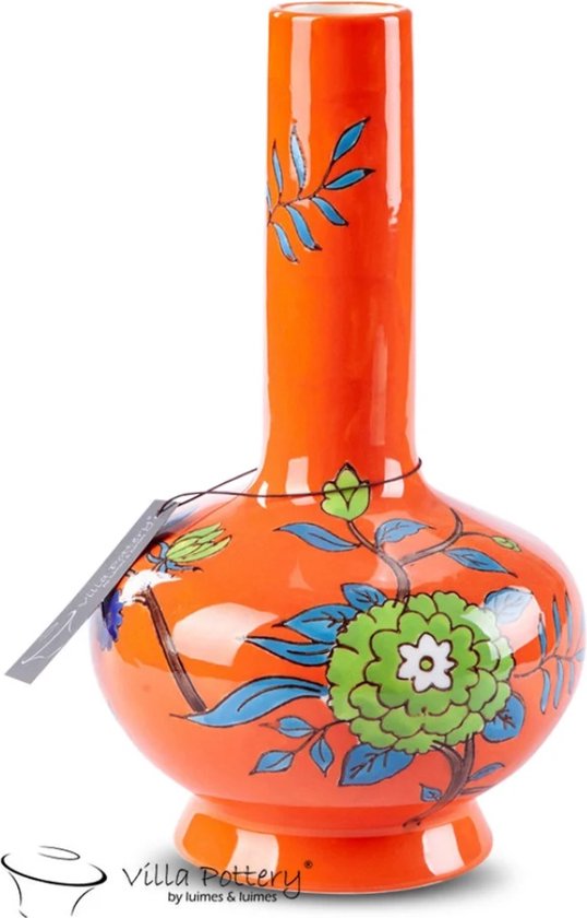 Vaas - Porselein - Waterdicht - Decoratie - Woondecoratie - Villa Pottery - Moederdagcadeau - Happy Flowers 2 Orange