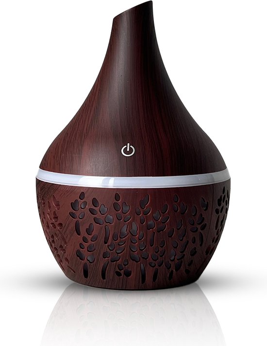 Foto: Aroma diffuser luchtbevochtiger 300ml met bloemen geurverspreider humidifier donkerbruin darkwood 7 kleurstijlen