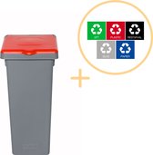 Plafor Fit Bin Prullenbak met Deksel voor Afvalscheiding - 75L – Grijs/Rood- Inclusief 5-delige Stickerset - Afvalbak voor gemakkelijk Afval Scheiden en Recycling - Afvalemmer - Vuilnisbak voor Huishouden, Keuken en Kantoor - Afvalbakken - Recyclen