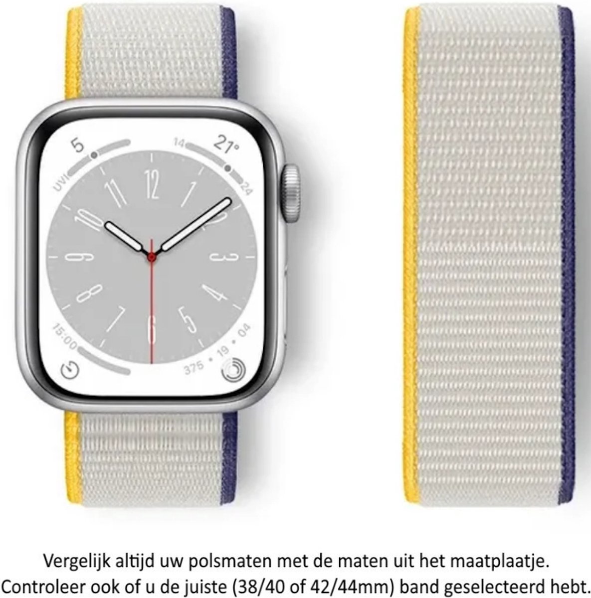 3 Kleurige - Wit - Geel - Blauwe Nylon Horloge Band geschikt voor Apple Watch 1, 2, 3, 4, 5, 6, 7, 8, SE, 42mm, 44mm & 45mm "Mannenbreedte" Series - Zacht Geweven Nylon - Klittenband Sluiting - 42 mm, 44 mm en 45 mm