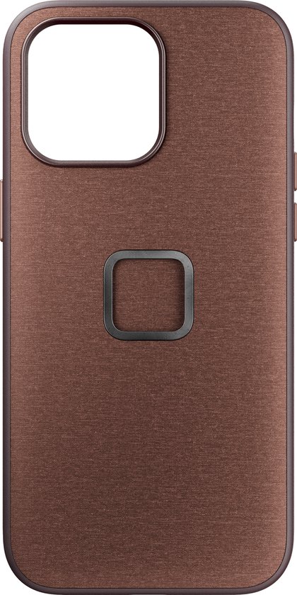 Bruin stoffen telefoonhoesje met een donkerbruin frame en een metalen vierkant detail in het midden.