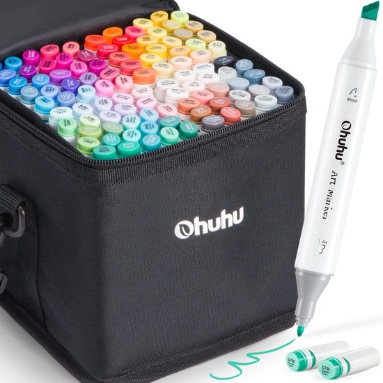 Ohuhu - Alcohol based Art markers - Fine & Chisel – set van 100 + Blender + etui