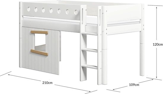 Halfhoogslaper, rechte ladder en boomhut bedfronten, eiken frame