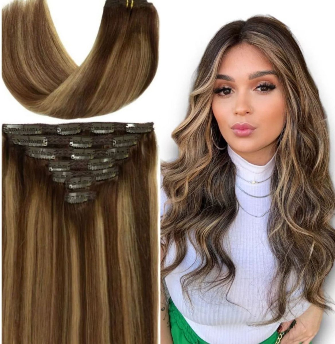 Frazimashop- Braziliaanse remy clips - Highlight Steil haar clips - 22 inch 60 cm - 100% Straight Human Hair ( - 120 gram - kleur 4/27