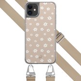 Hoesje met beige koord - Geschikt voor iPhone 11 - Cute flowers - Verstelbaar & verwisselbaar koord - TPU backcover - Beige - Leuke Telefoonhoesjes