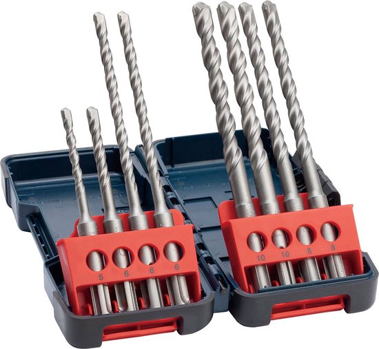 Bosch SDS-plus borenset in blauwe koffer met rode inzetstukken.