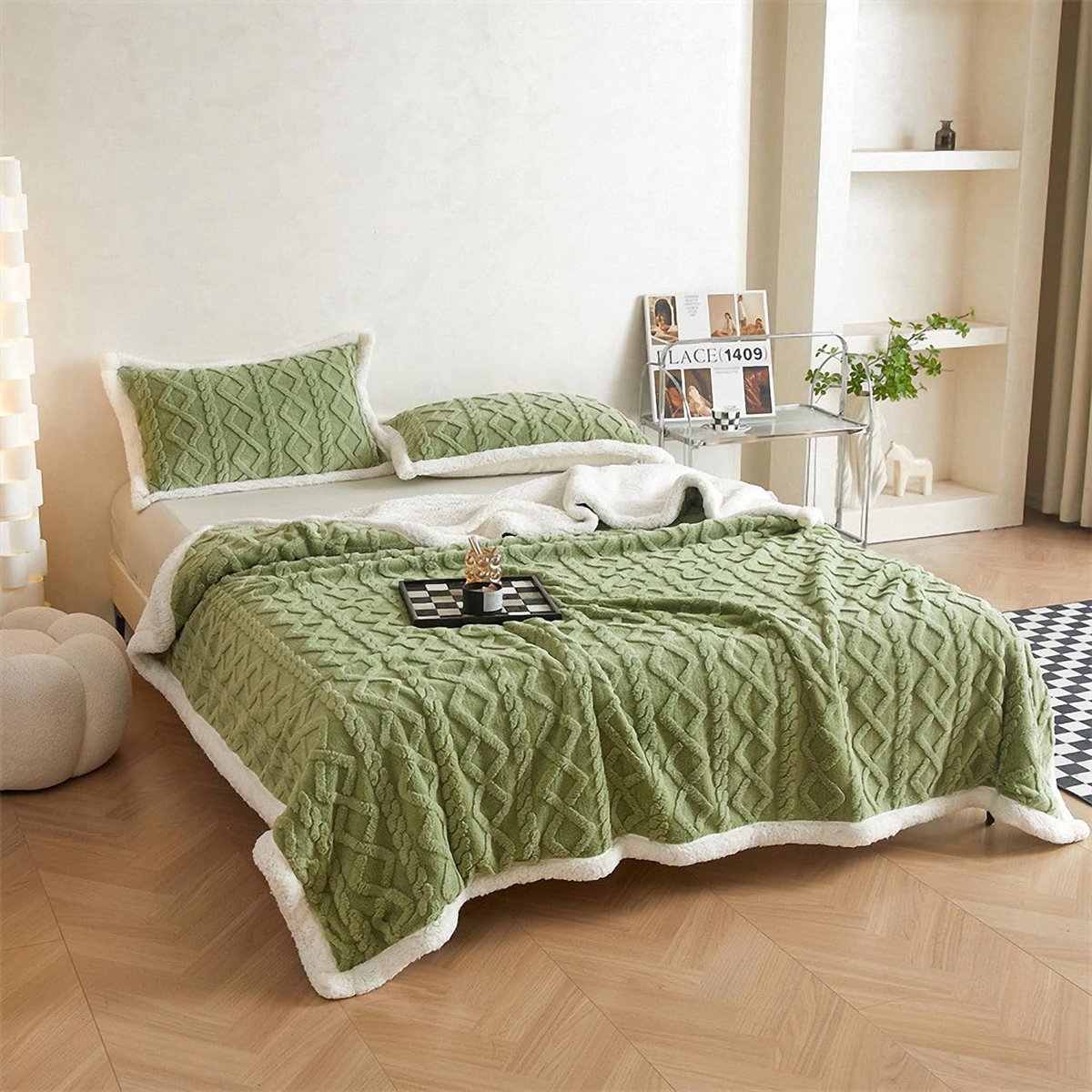 Couverture Douillette HESIOL 150x200cm - Laine Sherpa - Vert - Pour Canapé Et Lit