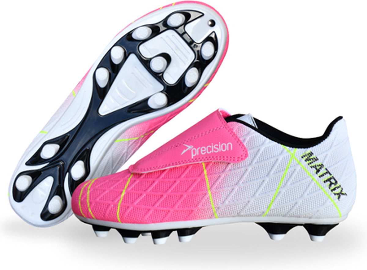 Roze Precision Matrix Junior voetbalschoenen maat 28 met klittenband en stevige ondergrond, perfect voor jonge voetballers.