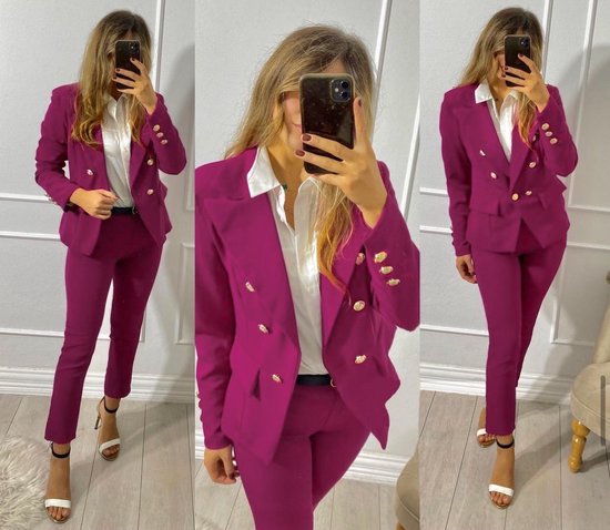 Klassieke basic blazer - Roze/paars/fuchsia - Classic blazer met gouden knopen - Colbert met stretch - Jasje voor dames - Jas voor vrouwen - One-size - Een maat