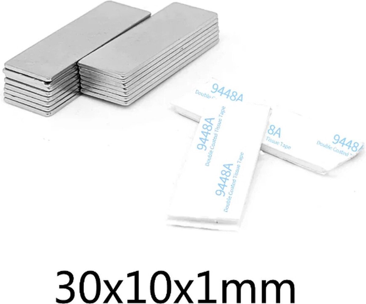 TLVX 5 stuks Ultra Dunne Magneten met 3M Dubbelzijdige Tape / Platte magneten / 30x10x1mm / Zinaps / Magneet / Zelfklevende magneten / Magneet deur / Kastdeuren magneet / Zilveren magneet / Magnetische Sluitingsdeur / Lade Sluiting