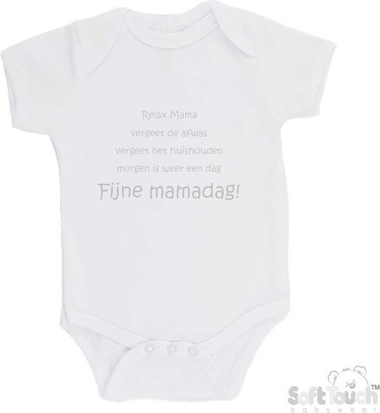 100% katoenen Romper "Relax Mama Vergeet de afwas Vergeet het huishouden Morgen is weer een dag FIJNE MAMADAG!" Moederdag Meisjes Katoen Wit/zilver (shiny) Maat 62/68