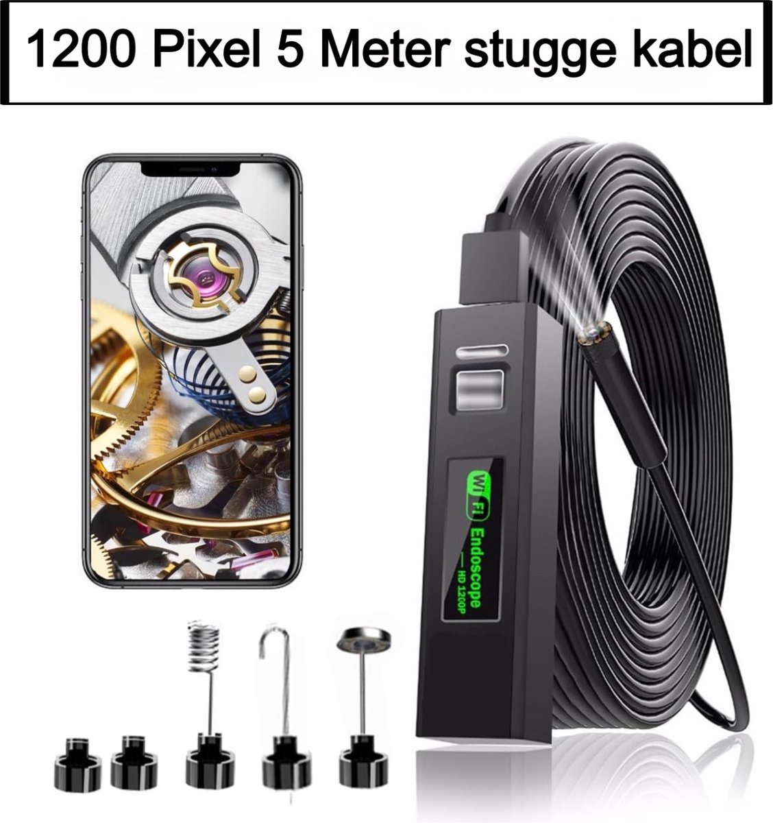 oplaadbare draadloze WiFi-endoscoop 1200P 2.0MP IP67(waterdicht) inspectiecamera met 5 meter stugge kabel voor iPhone en Android telefoon