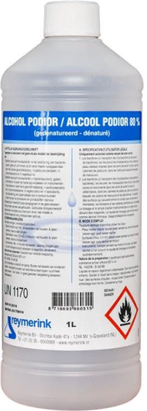 1L fles alcohol podior 80% met etiket.