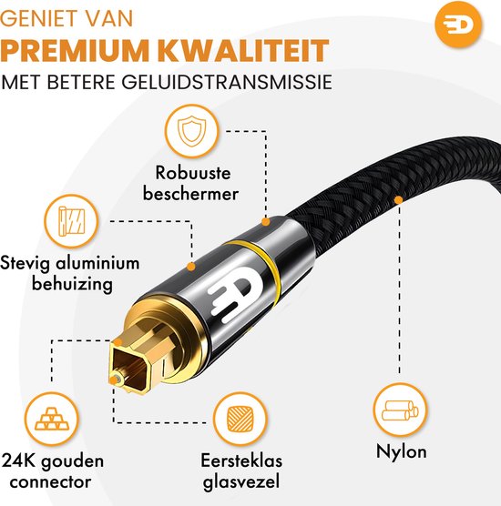 Premium kabel: 24K gouden connector, stevige aluminium behuizing, glasvezel, nylon.