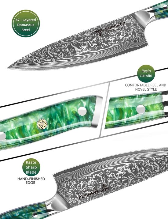 SANMUZUO Nakiri Mes Damastmes, 19,5 cm Professioneel scherp Keukenmes 67 lagen Japans damaststaal VG10 met Hars Handvat - Xuan serie(Vuurroos Rood