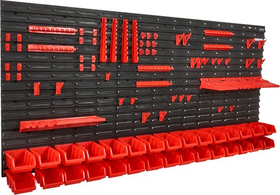 173 x 78 cm stapelboxenwandrek, werkplaatsrek, opbergkist, gereedschapshouder, haken (57 boxen rood/zwart