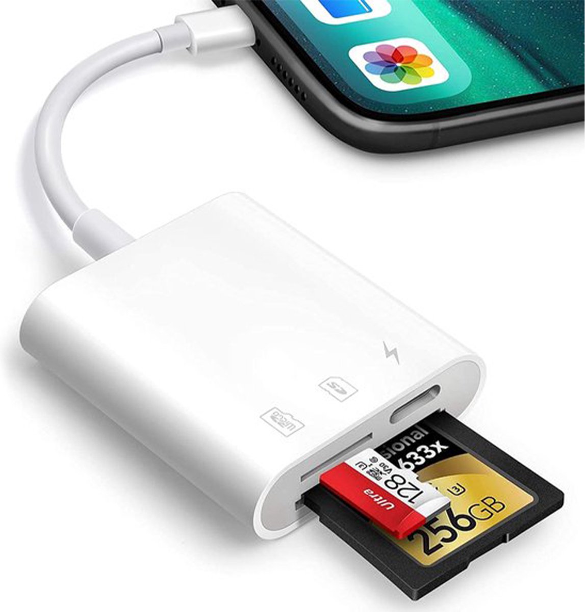 Ibley Lightning 3 in 1 SD kaartlezer wit voor iPhone en iPad - Cardreaders - Micro SD en SD kaartlezer - Oplaadpoort - Micro SD/SD/TF - Lightning aansluiting - Plug & Play