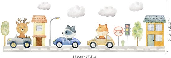 Muursticker kinderkamer decoratie met bosdieren voor jongens en meisjes - Vos, hert, auto's en meer (Wonder Murals)