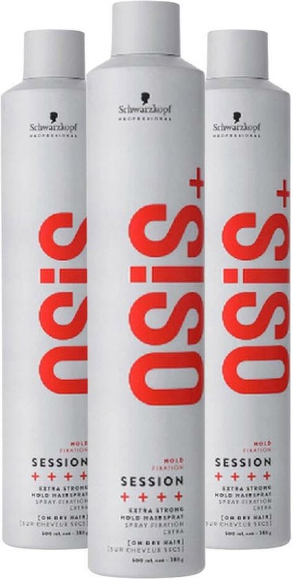 Drie witte spuitbussen Schwarzkopf OSiS Session haarspray met rode tekst 'OSiS+' en 'SESSION'.