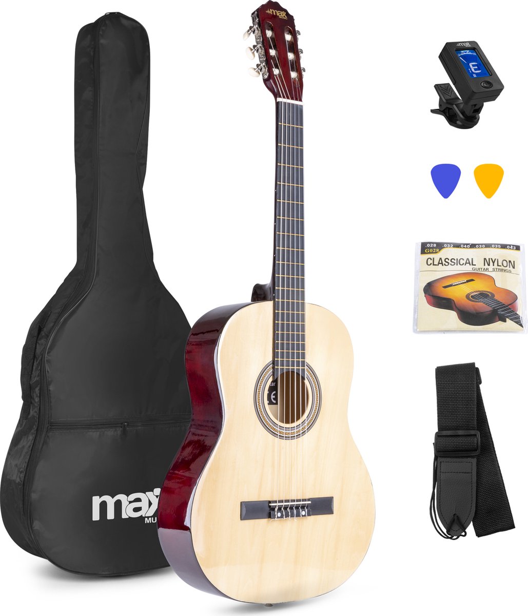 Klassieke Akoestische Gitaar met Nylon Snaren - MAX SoloArt - Beginnersset met Accessoires - Hout