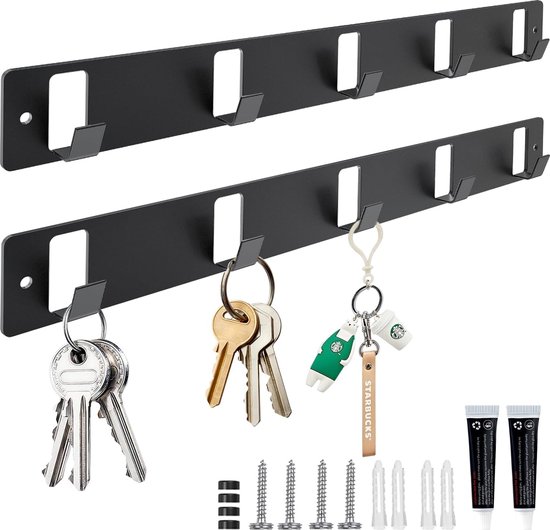 Set van 2 sleutelhouders met 5 haken, sleutelhaken, sleutelhouder voor muur, sleutelhouder, zwart, wandmontage voor slaapkamer, entree, woonkamer, keuken (matzwart)