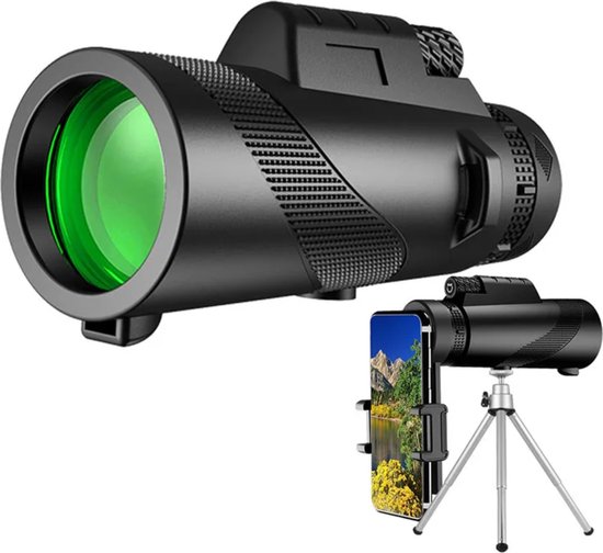 Zwarte monoculaire telescoop met groen gecoate lens, met smartphonehouder en statief.
