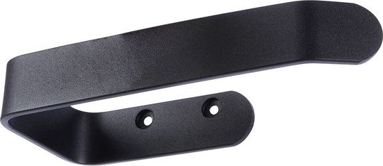 Porte-rouleau toilette noir avec bras courbé et deux points de fixation.