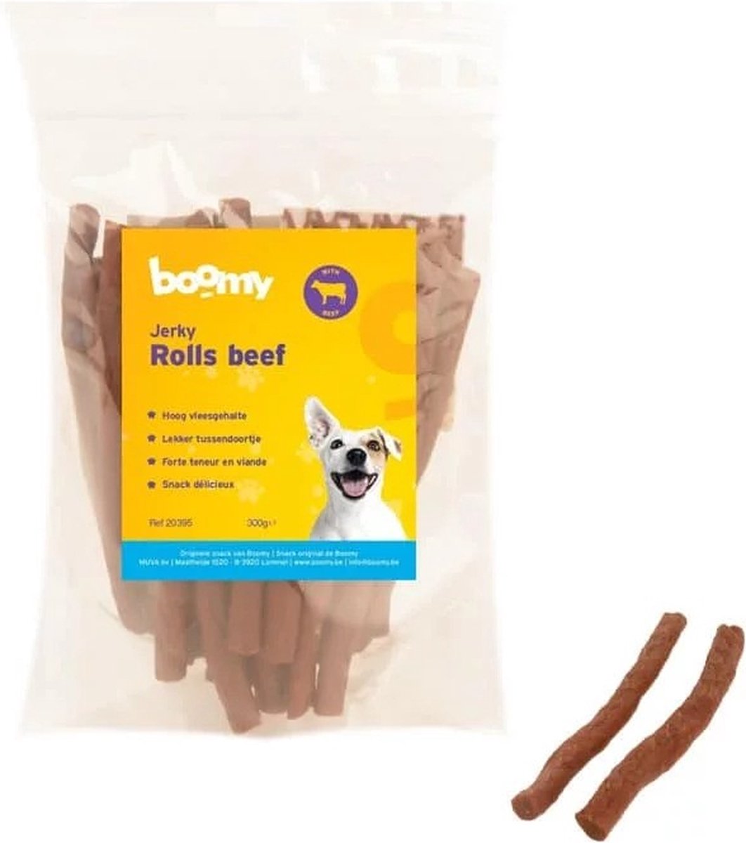 Boomy - Jerky Rolls Beef - Hondensnoepjes - Glutenvrije hondensnacks - Zachte kauwstaafjes hond - Rund smaak - 300g