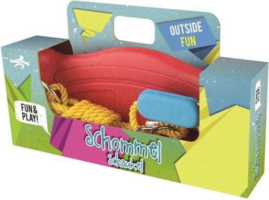 Rode schommel met touw en blauwe handgreep in verpakking met "FUN & PLAY!" en "OUTSIDE FUN" opdruk.