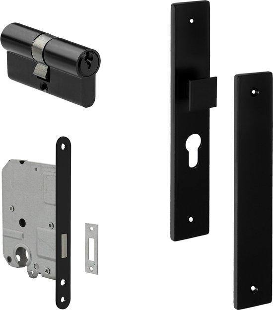 Eliot® zwarte deurkruk met schild, profielcilinder en insteekslot.
