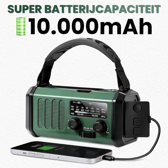 Noodradio - Opwindbare radio - 10.000 mAh - oplaadbare powerbank - Powerbank zonneenergie - Led-zaklamp - USB-oplader voor mobiele telefoon - SOS-alarm - Kompas voor camping en outdoor