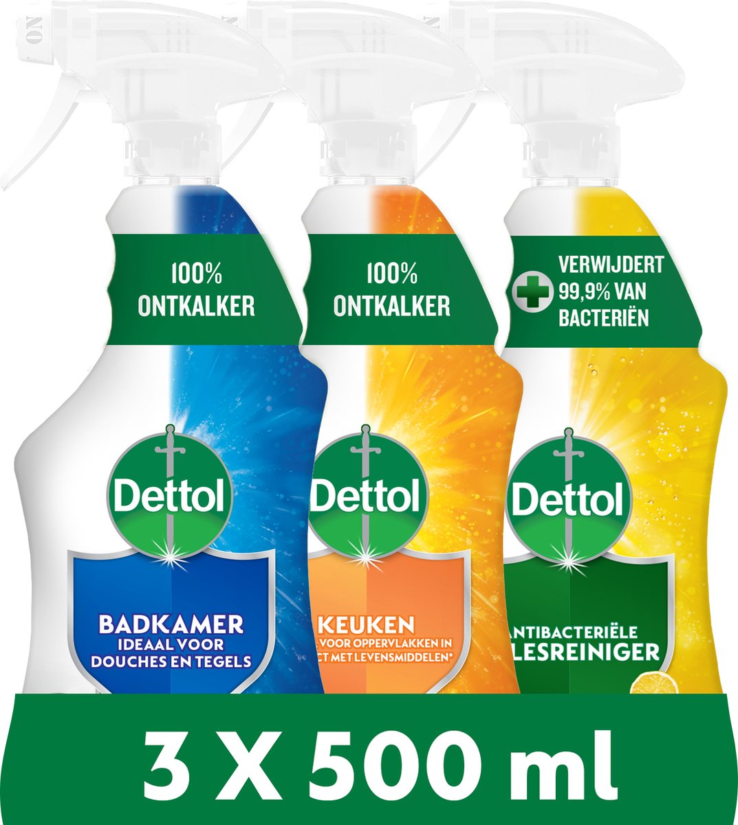 Dettol - 1,5L Allesreiniger Spray Power & Fresh - Badkamer 1x500 ml Keuken 1x500ml Citrus 1x500ml - Voordeelverpakking