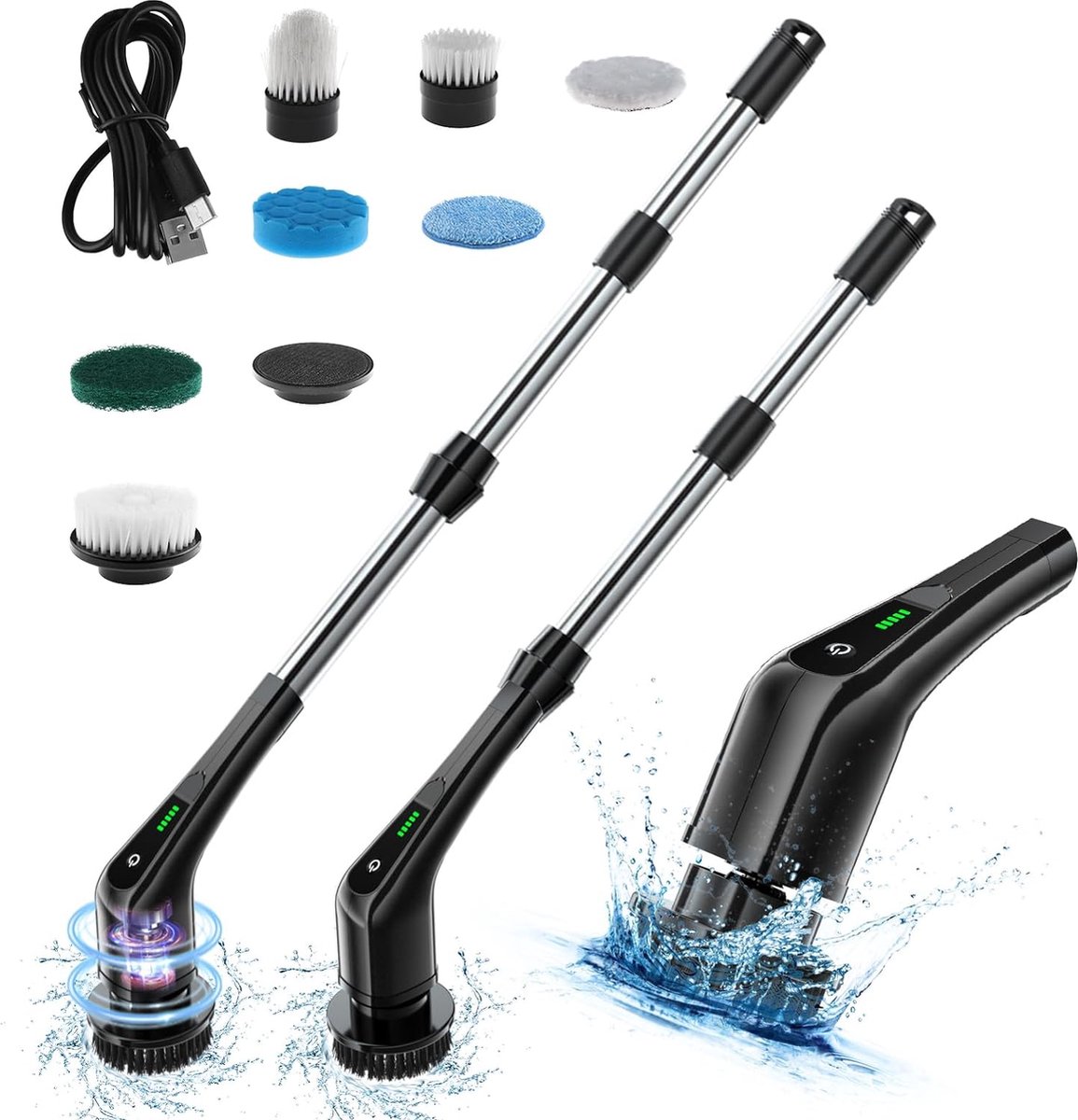 Goedkoopste Elektrische Schoonmaakborstel - Incl. 7 Verwisselbare Borstelkoppen - Oplaadbaar & Draadloos - Schrobborstel Met Verstelbare Steel - Schrobmachine - Schrob Borstel - Poetsmachine - Voor Auto, Raam, Keuken, Badkamer, Vloer - Zwart