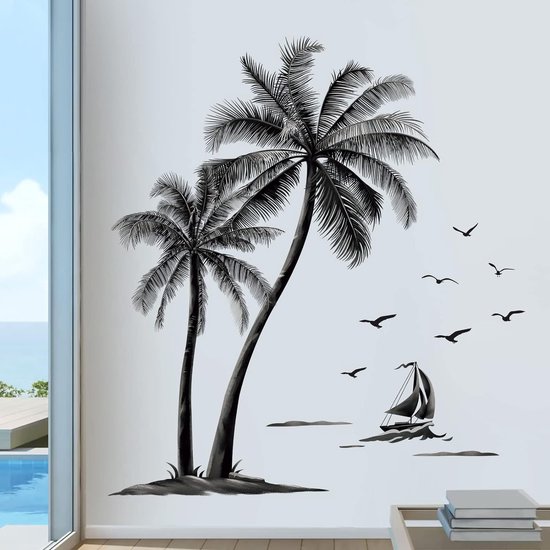 Zwarte Palmboom Muurstickers Tropische Vogels Muurtattoo voor Slaapkamer en Woonkamer - Wanddecoratie met Kokosnootboom