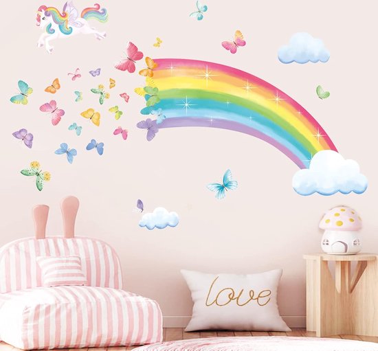 Stickers muraux arc-en-ciel, licorne, papillons, nuages , Décoration murale murale pour chambre de Bébé , chambre de fille