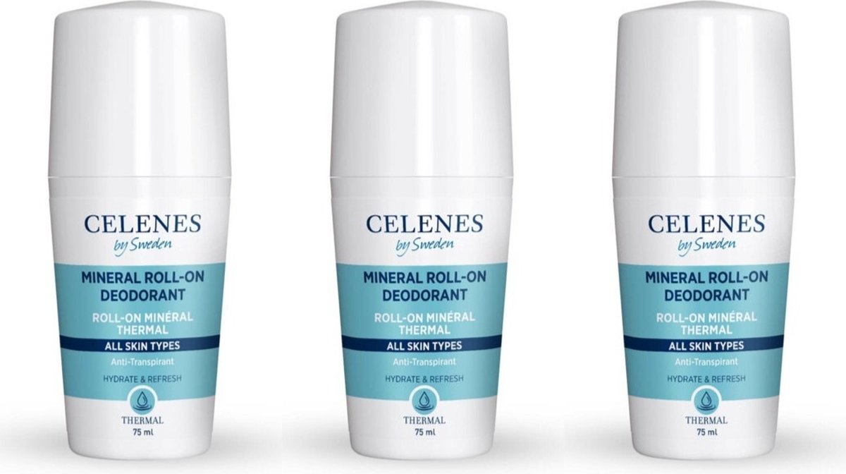 Celenes by Sweden Thermische Mineralen Roll-On75 ml X 3STUKS - Deodorant, Zonder Alcohol, Geschikt voor Gevoelige Huid - Geurloos